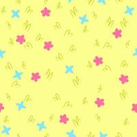 A vibrant yellow background with a playful pattern of pink flowers and blue stars scattered throughout. The design is cheerful and suitable for various creative projects. vector