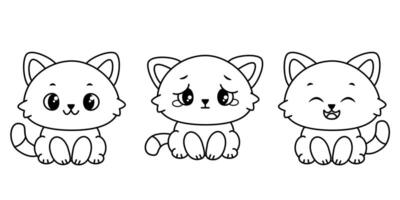 Three cute cartoon kittens with different facial expressions. Smiling, crying, happy. Siamese kawaii kittens sitting in a row on white background. Suitable for children's coloring books. vector