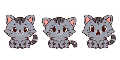 Three cute cartoon gray tabby cats with different facial expressions. happy, sad, and surprised. Each cat has distinct features and a playful design. vector
