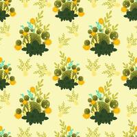 A seamless pattern featuring various green plants and flowers on a light yellow background. The design includes leaves, round shapes, and colorful floral elements. vector