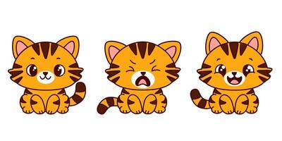 Three cute cartoon ginger kawaii kittens with different facial expressions. smiling, crying and happy. Each cat has different facial features and a playful design. vector