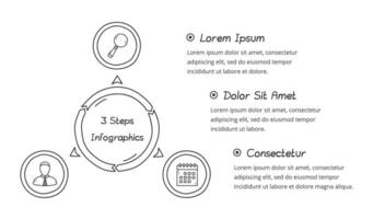 Doodle circle diagram with three elements with place for icons and text, hand drawn infographic template vector