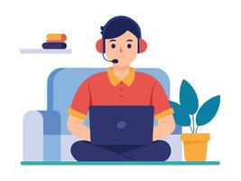 Man with Headset Working on Laptop Customer Support vector