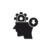 Illustration of a human head with gears inside, symbolizing the thought process, and an arrow pointing down, signifying a decline or negative direction in thought. This icon glyp style ,eps file. vector