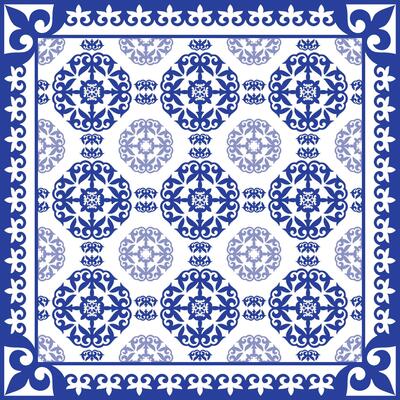 Seamless pattern in traditional style Portuguese tile. Luxury Blue white ceramic tile pattern, azulejo seamless square pattern with damask ornament, arabesque,floral element. Ornament for ceramic tile