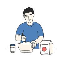 Outline illustration of a happy man in a blue T-shirt mixing ingredients in a bowl. Flour and a jar on the table. Great for cooking blogs, ads, or recipe content. vector