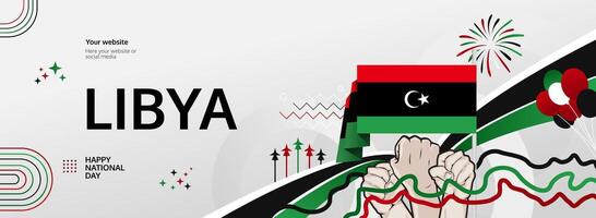 Libya National Day greeting banner. Happy Independence Day, December 24. Modern horizontal design featuring Libyan flag colors. For posters, events. vector