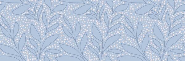 Seamless pattern featuring abstract botanical leaves outlined on a pastel, soft blue background, accented with hand drawn dots. Simple trendy design for textiles, packaging, wallpaper vector