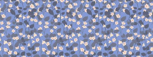 Seamless pattern with tiny flowers and lush small leaves on a blue background. illustration. Nature ornament, design for summer or spring textiles, wrapping paper, digital prints vector
