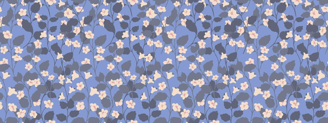 Seamless pattern with tiny flowers and lush small leaves on a blue background. illustration. Nature ornament, design for summer or spring textiles, wrapping paper, digital prints