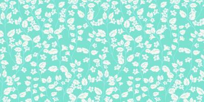 Seamless pattern featuring delicate forest flowers and leaves in turquoise tones. Hand drawn botanical elements create a vintage, elegant, and timeless design, ideal for textiles and wallpapers vector