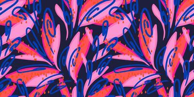 Vivid seamless pattern with abstract swirling shapes on a black background. hand darwn. Unique organic shapes, flowing lines, and dynamic composition print. Perfect design for fabric vector