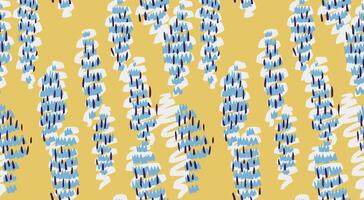 Vibrant abstract pattern featuring vertical organic shapes in blue, white, and purple on a soft yellow background. Plain unique hand drawn print. Perfect for textiles, stationery, modern interiors, vector