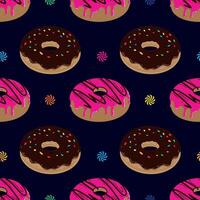 Seamless pattern of colorful donuts illustration featuring chocolate and pink frosted donuts with sprinkles on a black background, creating a fun and playful design for various applications vector