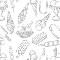 A seamless pattern with hand-drawn various types of ice cream in a vintage engraving style on a white background. vector