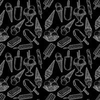 A seamless pattern with hand-drawn various types of ice cream in a vintage engraving style on a black background. vector