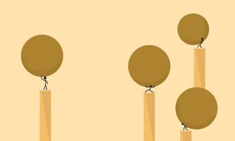 Minimalist Illustration of a Group of People Lifting a Spheres with Difficulty, on a Pillars, with Another Person Lifting it Easily. Symbolizes an Experience That Creates Ease and Strength vector