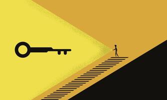 Minimalist Illustration of a Man on Stairs, Pointing His Flashlight, and Found a Giant Key. Symbolizing Opportunity, Knowledge, or Discovery in Business vector
