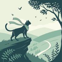 Illustration of Cat Standing on a Cliff Overlooking Green Hills and Sky vector