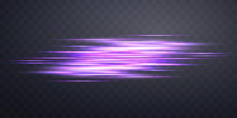 Purple horizontal lensflare. Light flash with rays or violet spotlight and bokeh. Glow flare light effect.