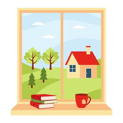 Summer window. Summer with autumn landscape and on the sill a book and cup. Summer scenery with village.