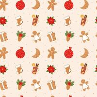 Christmas pattern seamless. Seamless pattern withchristmas tree toys, spruce branch, cones, poinsettia, mulled wine and gingerbreads. vector