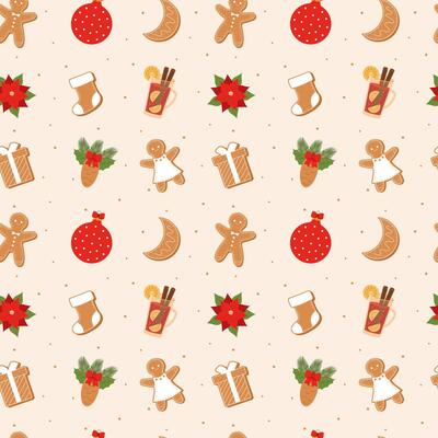 Christmas pattern seamless. Seamless pattern withchristmas tree toys, spruce branch, cones, poinsettia, mulled wine and gingerbreads.