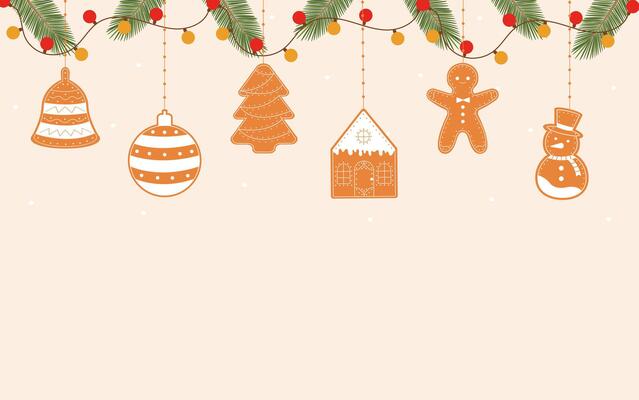 Christmas gingerbread cookies. Winter background with gingerbreads and christmas elements.