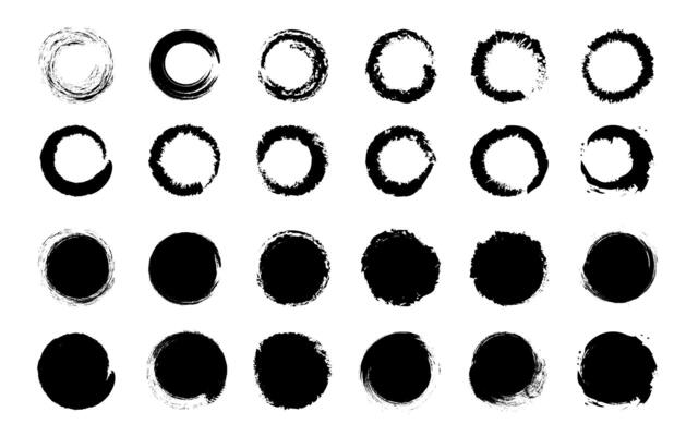 Grunge circles. Grunge black brush drawn circles set. Chinese and Japanese round shapes. Black grunge crayon circle stamps.