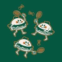 Burger Characters Playing Badminton in Retro Style vector