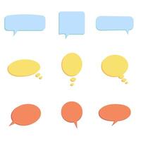 Collection of clean speech and thought bubbles in light blue, yellow, and orange. Features various shapes with a subtle 3D shadow effect. For chat, comments, web design vector