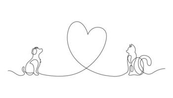 Cute dog and cat looking at each other, pet online continuous hand drawn objects. Cute pets one line art. vector