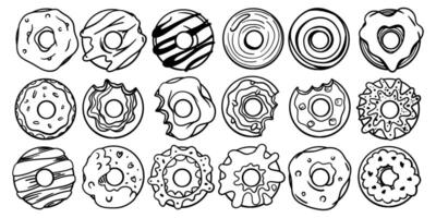 Doodle donuts set with hand drawn outline icons. Collection of cute and playful doughnut sketches. Perfect for bakery designs, menus, kids projects, and sweet themed illustrations. vector