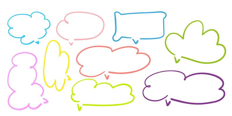 Cute crayon speech bubble frames set with hand-drawn chalk and pencil style. Colorful doodle dialog balloons perfect for childrens designs, comics, messages