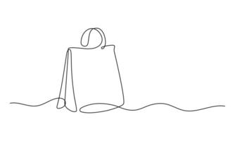 One line drawing of a shopping bag. Minimalist continuous line illustration of a paper package. Simple hand-drawn style, perfect for eco shopping, retail, branding, and packaging design. vector