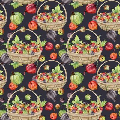 Currant gooseberry in clusters, leaves in weaved basket, hand drawn in watercolor, ripe berry harvest, casseille jostaberry. Seamless pattern isolated on dark. Scrapbooking, washi tape, cover design