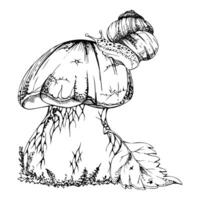 Bolete cep mushroom with snail on cap, autumn leaf. Fungus forest harvest, edible raw ingredient for vegan cooking. Illustration hand drawn in ink. Seasonal planner stickers, menu cookbook vector