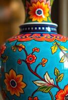 blue vase with flowers painted on it photo