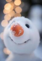 close up of a snowman's face with a blurry background photo