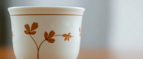 A white cup with a brown design on it photo