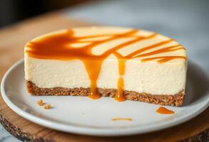 cheesecake with caramel drizzle on a plate photo