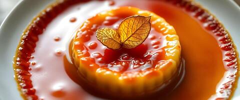 small orange dessert with a leaf on top of it photo
