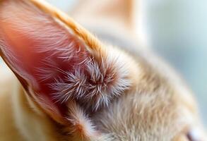 close up of a cat's ear with a blurry background photo