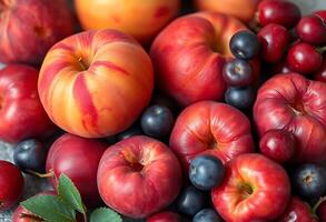 pile of apples and berries sitting on top of a table photo
