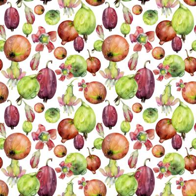 Gooseberry Currant scattered garden berries, flowers in water dew drops. Seamless isolated pattern hand drawn in watercolor. Home preserves, textile tiles, food store decor, recipe book, cafe menu