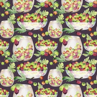 Gooseberry Currant berry leaves in glass bowls, served ripe picked harvest. Seamless pattern isolated on dark. Hand drawn in watercolor. Wrapping paper, gift packaging, scrapbooking decoupage backdrop