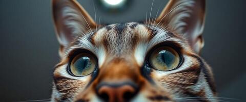 close up of a cat's face with a light in the background photo