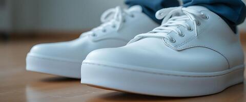 pair of white shoes with a blue bow on top photo