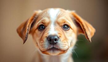 A close up of a puppy looking up at the camera photo