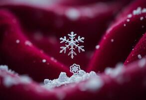 close up of a snowflake on a red cloth photo